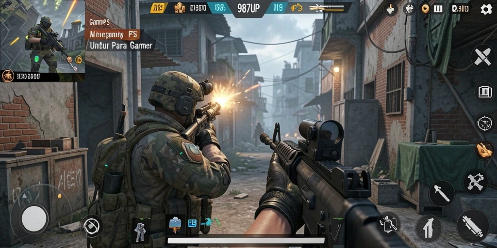 Gambar gameplay 987UP dengan aksi menembak yang seru.