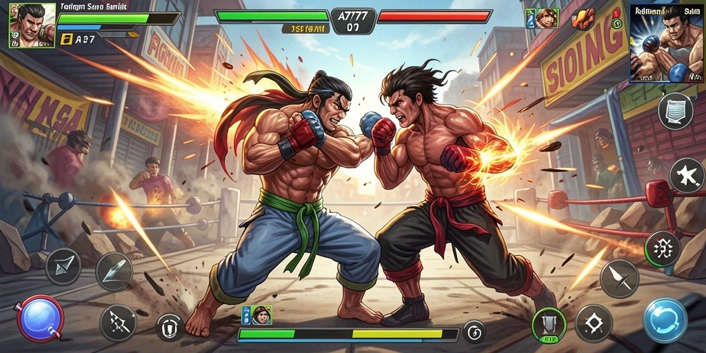 Tampilan gameplay aksi intens A7777 dengan karakter bertarung.