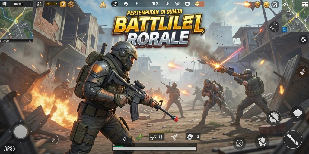 Screenshot gameplay API33 menampilkan pertempuran intens di arena Battle Royale.