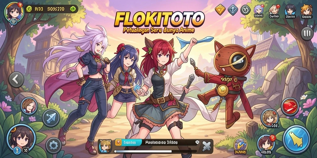 Tampilan gameplay FLOKITOTO dengan karakter anime yang menghibur.