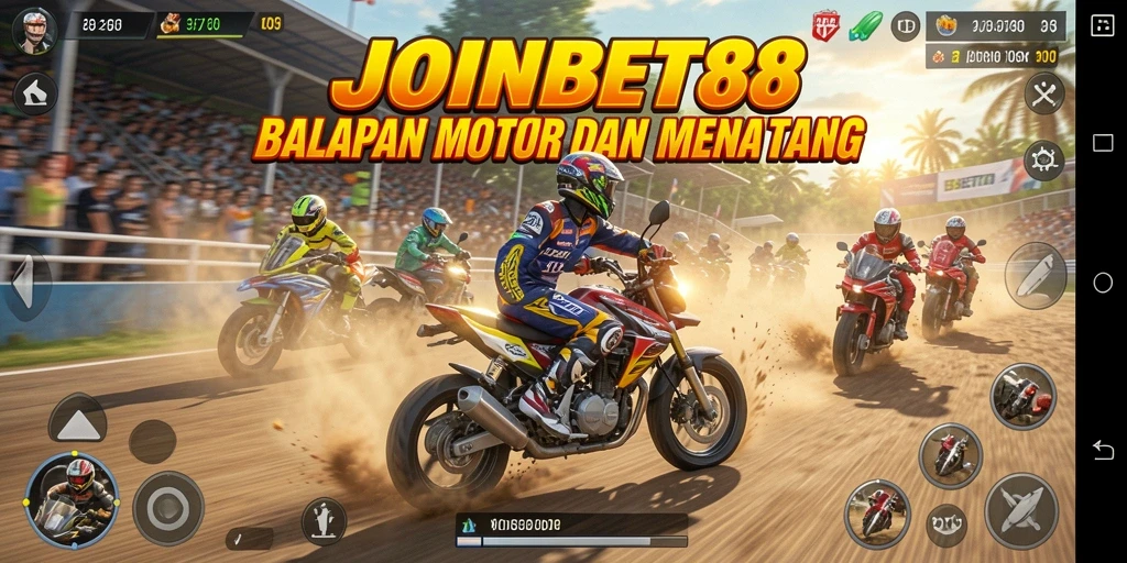 Tangkapan layar gameplay dari JOINBET88 yang menunjukkan balapan motor yang seru.