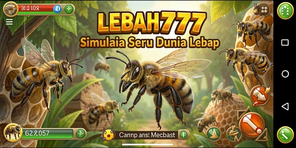 Screenshot LEBAH777 menampilkan interaksi animasi lebah dalam sarang.