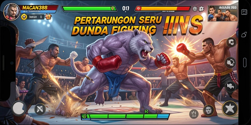 Screenshot gameplay MACAN388 menampilkan pertarungan epik antara karakter.