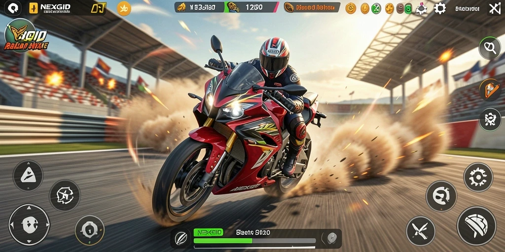 Screenshot gameplay yang menunjukkan aksi balapan motor yang mendebarkan.