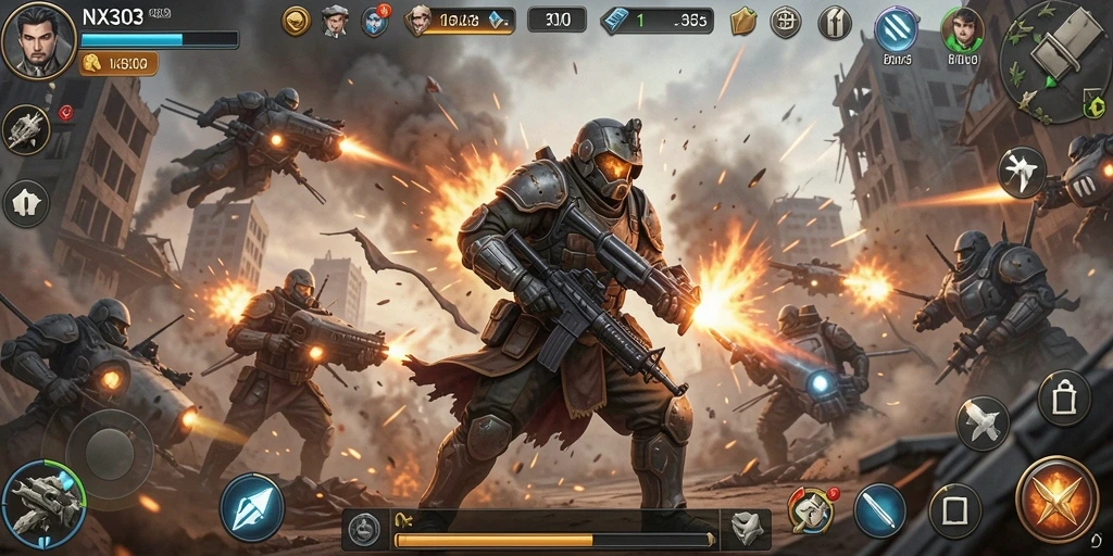 Tangkapan layar menampilkan aksi mendebarkan dalam gameplay NX303, game TPS penuh strategi.