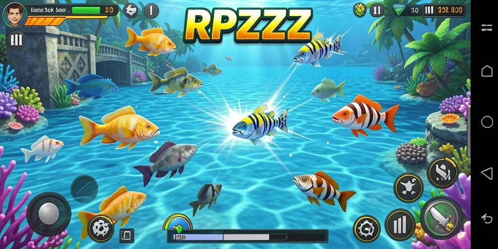 Screenshot gameplay RPZZZ menampilkan aksi menembak ikan yang seru.