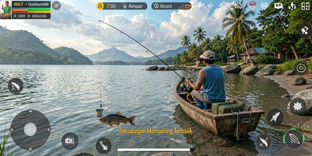 Gameplay W67 dengan pemandangan memancing yang indah.