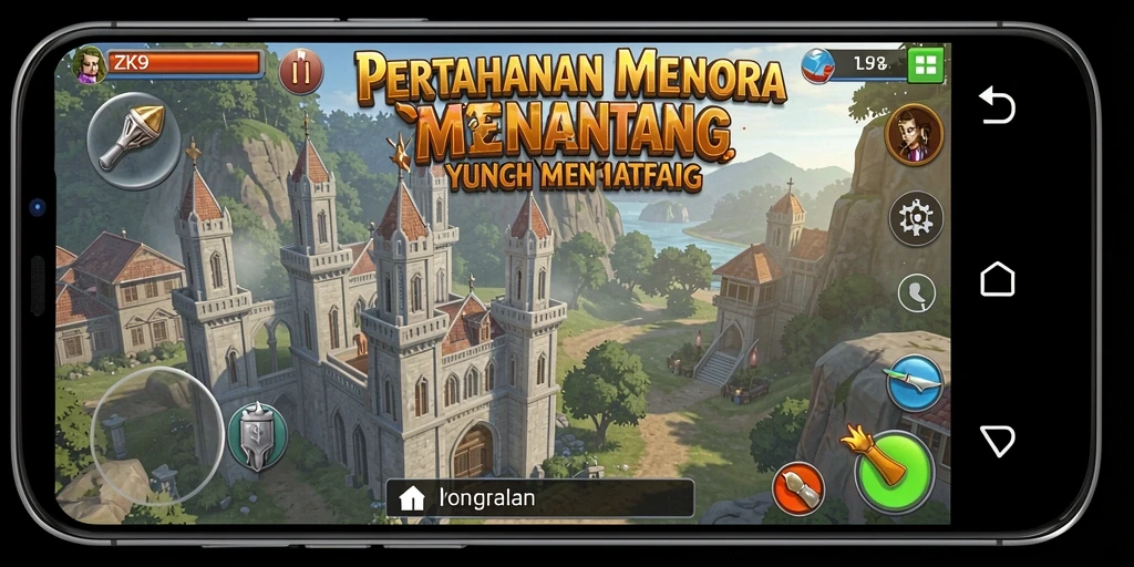 Tampilan gameplay ZK9 dengan menara berwarna-warni dan musuh yang menyerang.